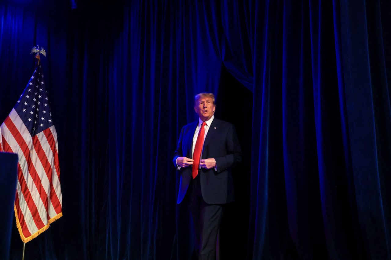 Former President Donald Trump takes the stage at his Nevada caucus party in Las Vegas on Thursday night.