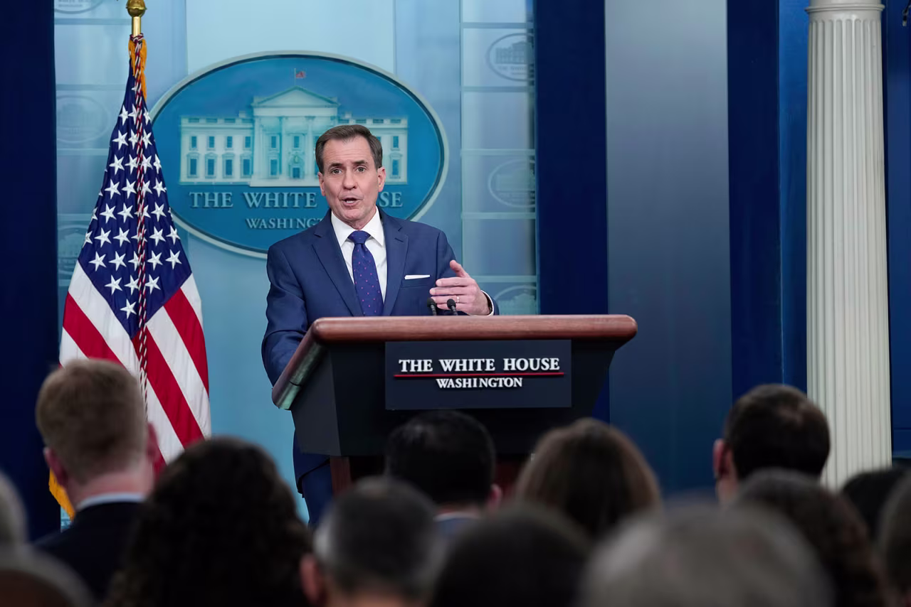 National Security Council spokesman John Kirby speaks during the daily briefing at the White House in Washington, DC, on Monday.