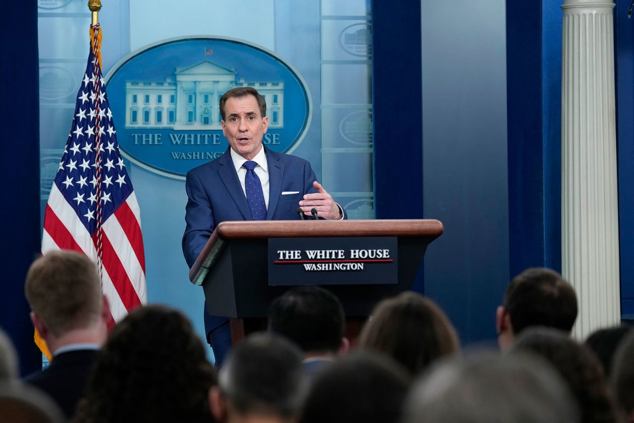 National Security Council spokesman John Kirby speaks during the daily briefing at the White House in Washington, DC, on Monday.