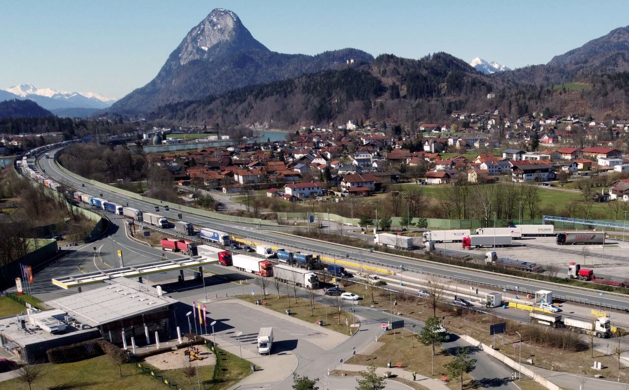 Trucks line up at a border crossing between Austria and Germany, in the Bavarian town of Kiefersfelden on Monday.