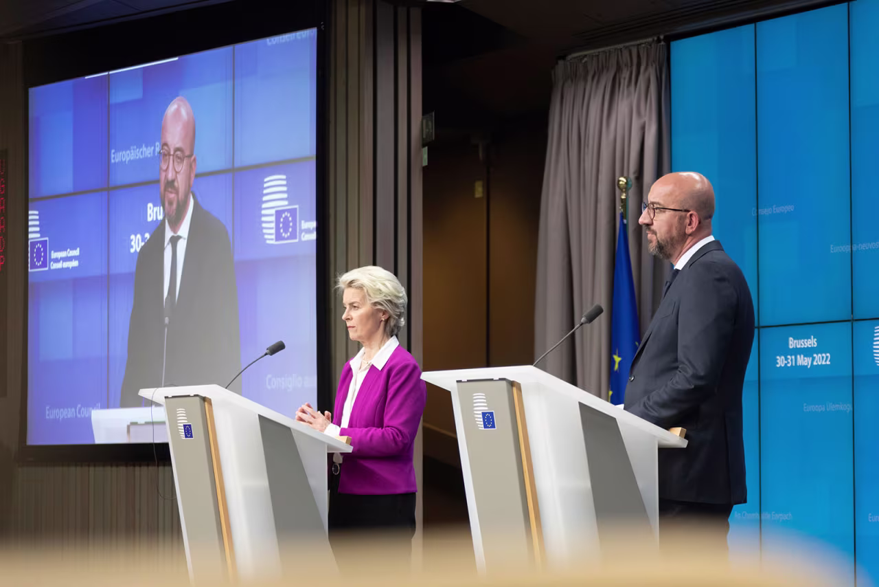 European Council chief Charles Michel speaks during a joint press conference with European Commission president Ursula von der Leyen in Brussels.