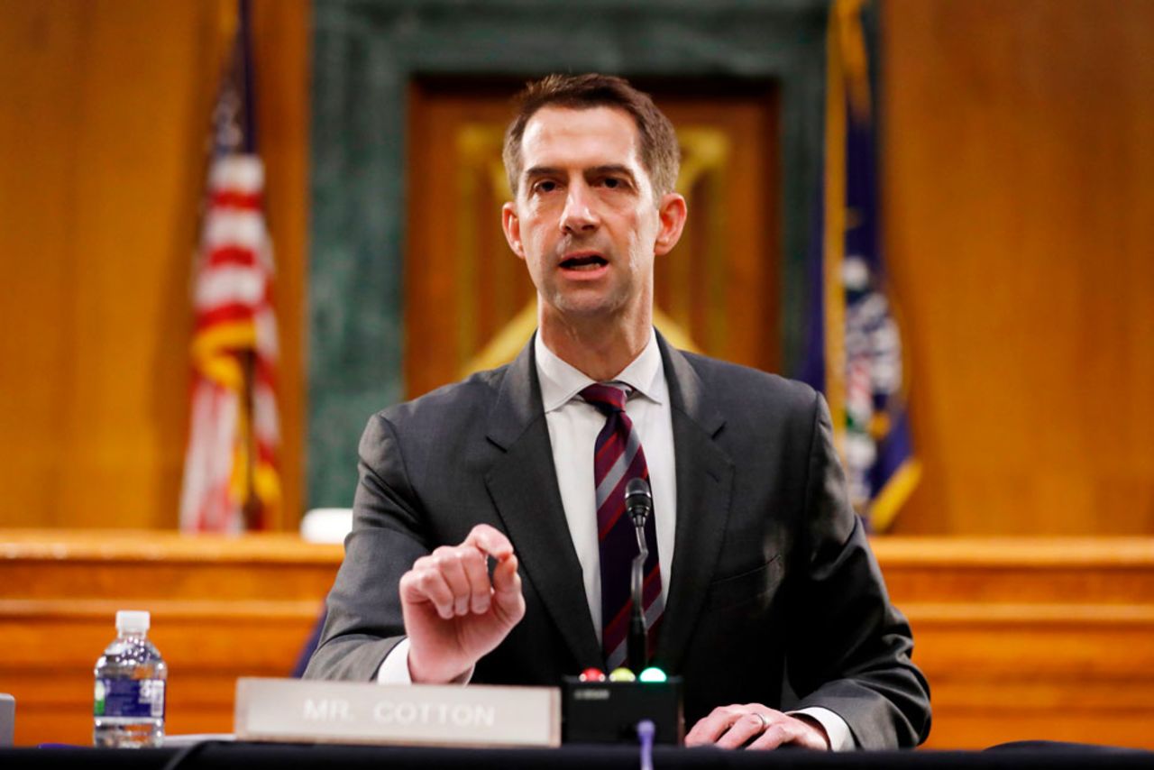 Sen. Tom Cotton speaks during a Senate Intelligence Committee nomination hearing for Rep. John Ratcliffe, R-TX, on Capitol Hill in Washington, on May 5.