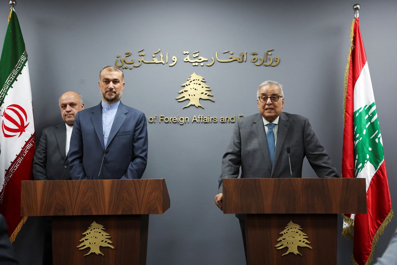 Lebanon's caretaker Foreign Minister Abdallah Bou Habib and Iranian Foreign Minister?Hossein?Amirabdollahian?attend a joint press conference in Beirut, Lebanon, on October 13.