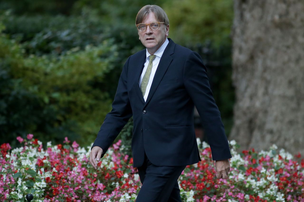 FILE PHOTO: The European Parliament's Brexit coordinator Guy Verhofstadt attends a meeting with Britain's Prime Minister Theresa May at Downing Street last September.?