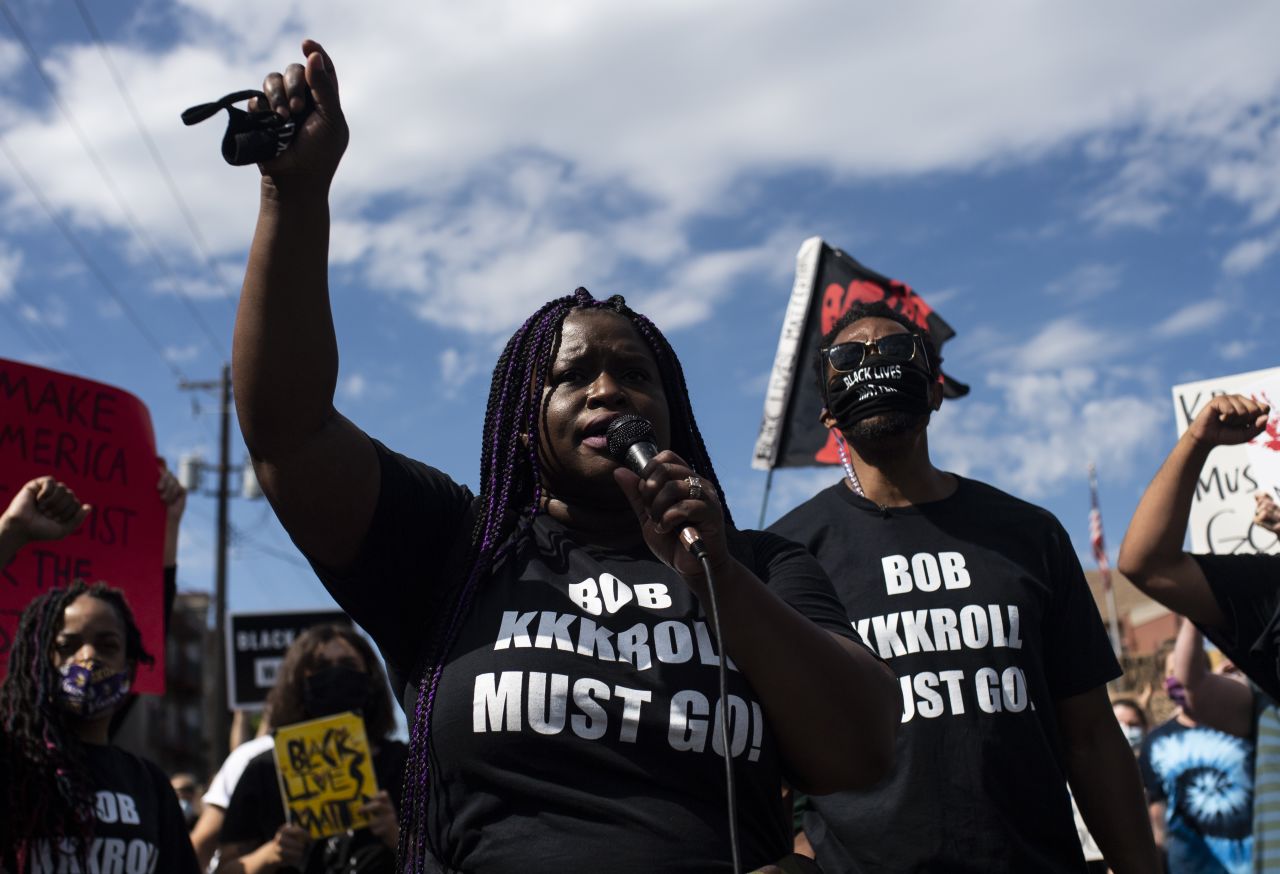 Nekima Levy Armstrong, civil rights lawyer, speaks during a rally outside the Minneapolis Police and Fire Union Office on June 12 in Minneapolis.