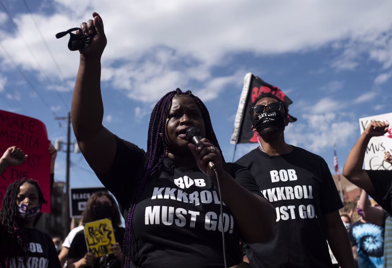 Nekima Levy Armstrong, civil rights lawyer, speaks during a rally outside the Minneapolis Police and Fire Union Office on June 12 in Minneapolis.