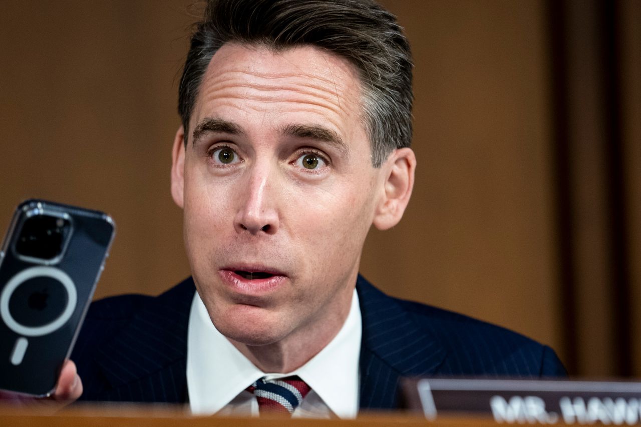 Senator Josh Hawley questions Peiter Zatko as he testifies during a Senate Judiciary Committee hearing in Washington, on September 13.