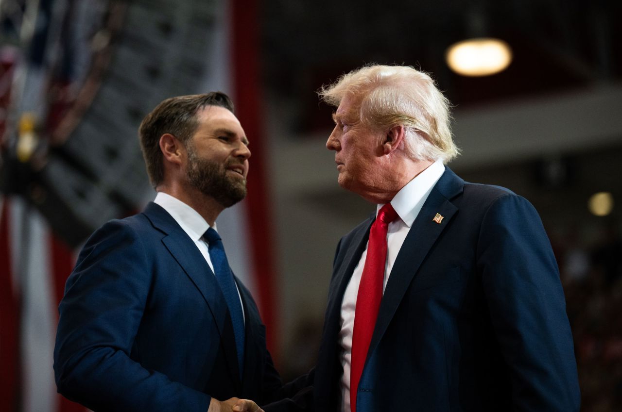 Sen. JD Vance introduces former President Donald Trump during a rally at Herb Brooks National Hockey Center on July 27 in St. Cloud, Minnesota.