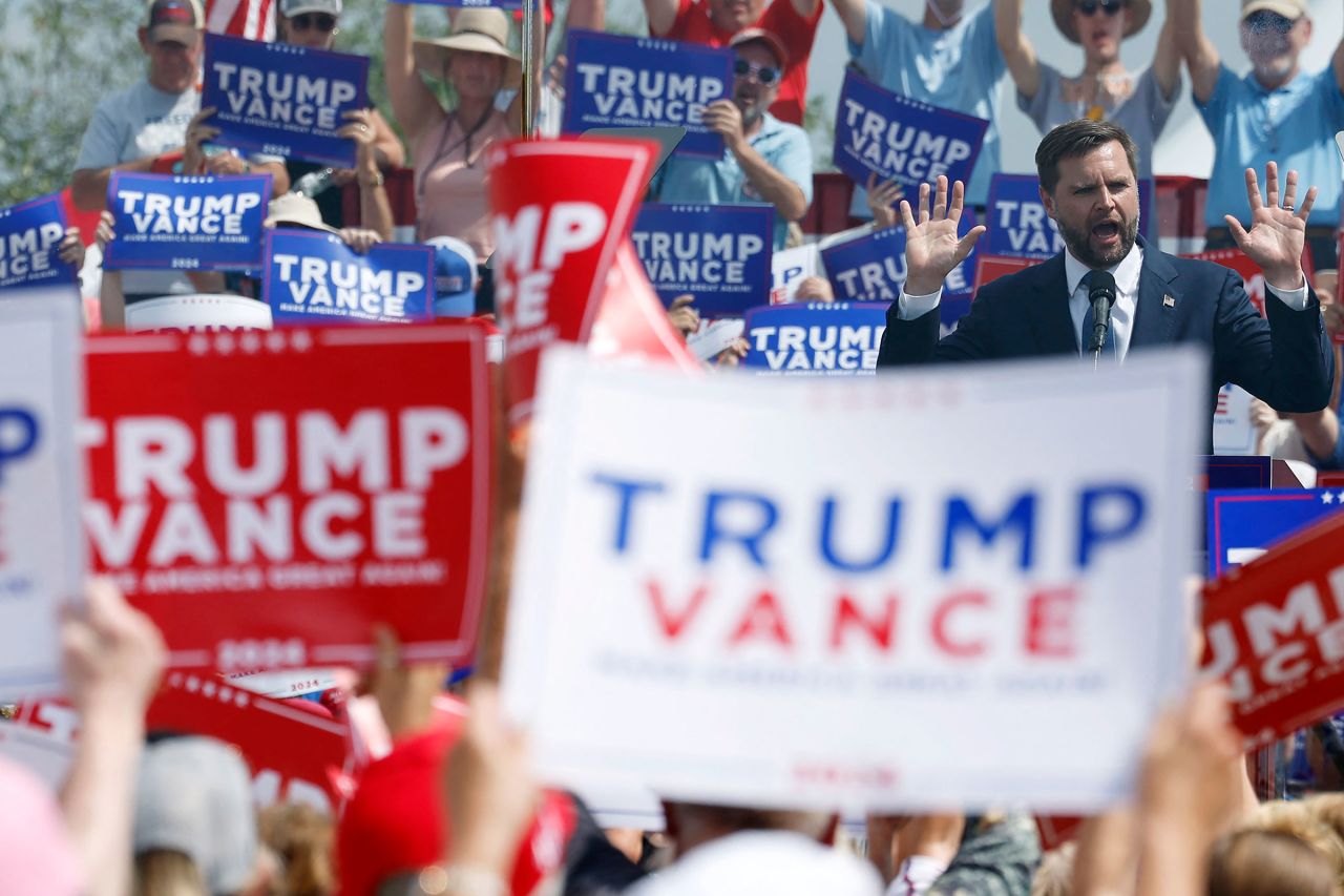 JD Vance speaks at Majestic Friesians Horse Farms in Big Rapids, Michiga on Tuesday.