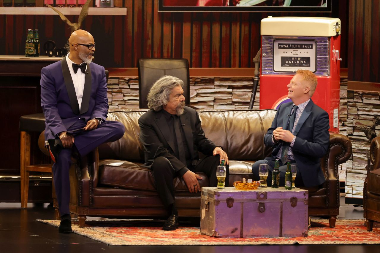 Damon Wayans, George Lopez and Jesse Tyler Ferguson speak onstage. 