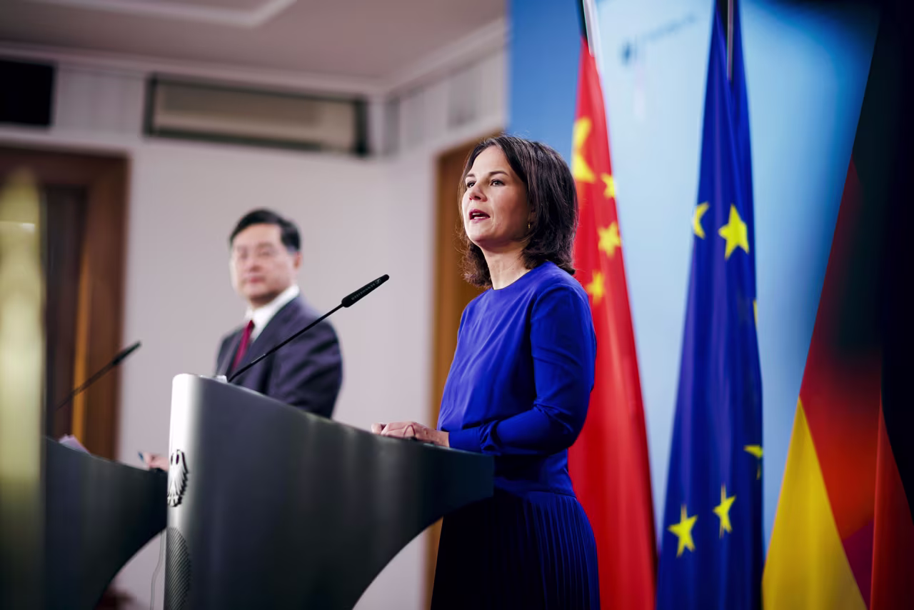 German Foreign Minister Annalena Baerbock, right, and China's Foreign Minister Qin Gang speak to the media after a meeting on May 9, in Berlin, Germany. 