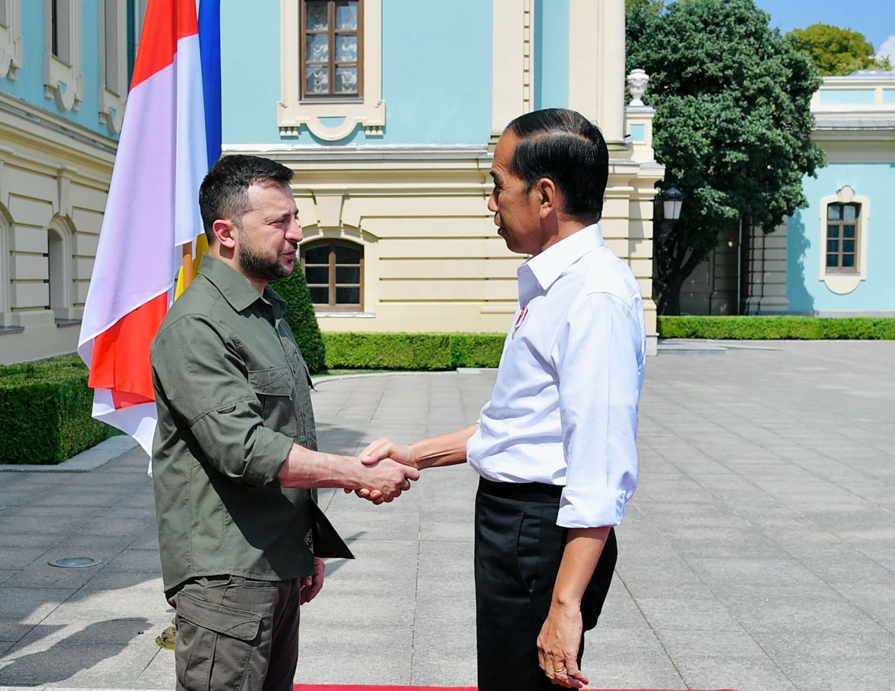 Ukraine President Volodymyr Zelensky, right, greets Indonesian President Joko Widodo at Mariinsky Palace in Kyiv, Ukraine, on Wednesday, June 29.