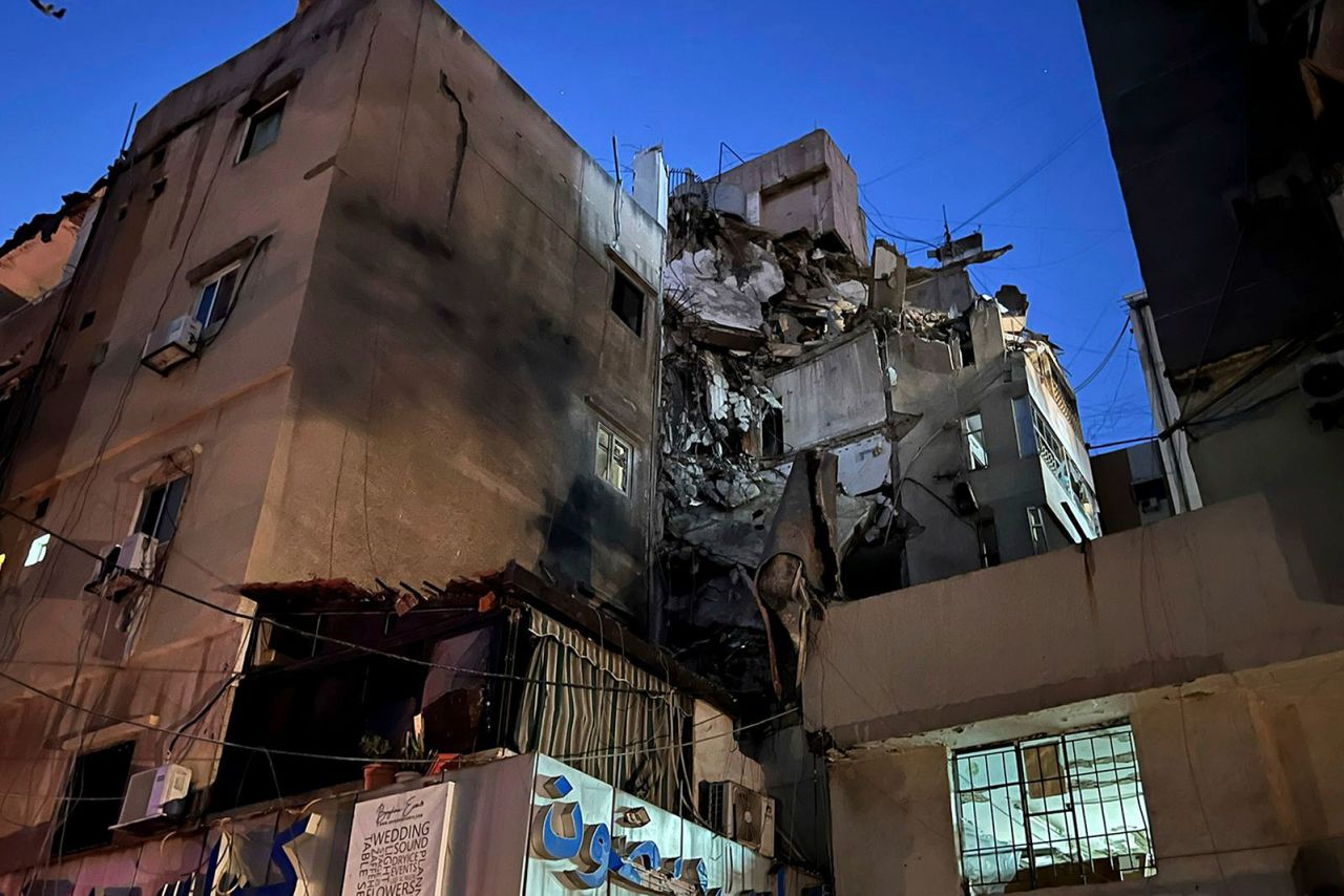 A damaged building that was hit by an Israeli airstrike in the southern suburbs of Beirut is seen on Tuesday.