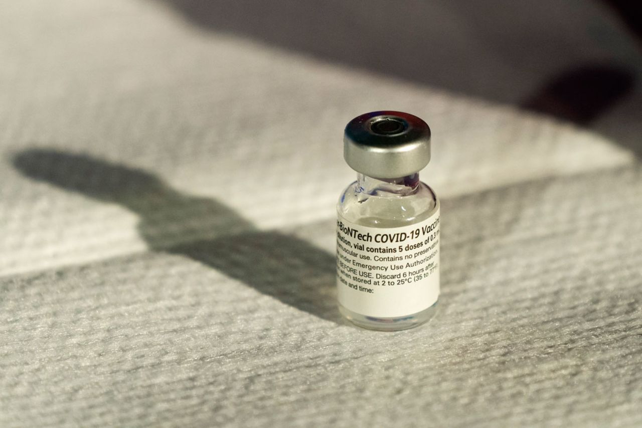 A vial of Pfizer's Covid-19 vaccine is seen at George Washington University Hospital on December 14 in Washington DC.