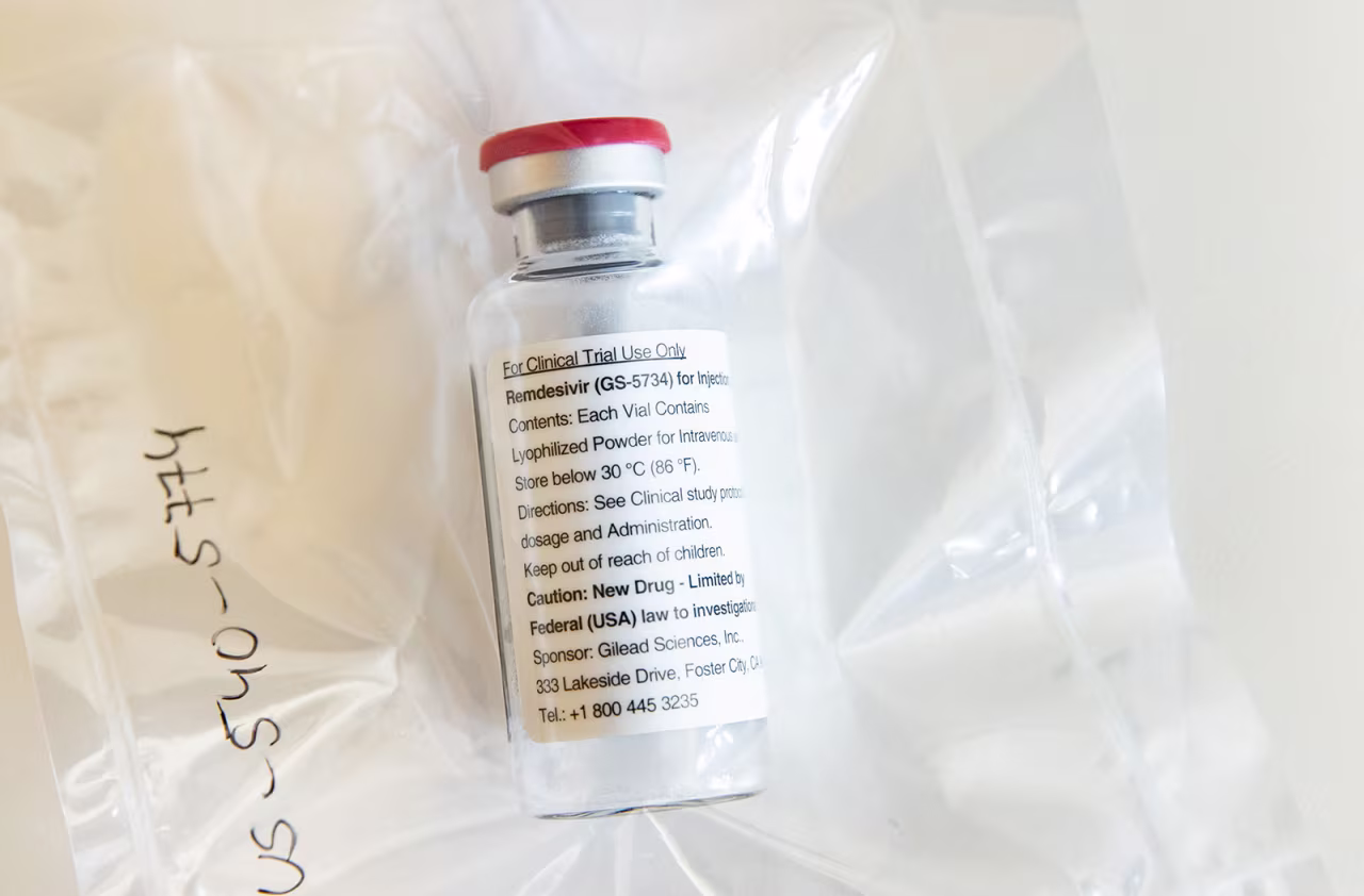 One vial of the drug Remdesivir lies during a press conference at the University Hospital Eppendorf (UKE) in Hamburg, Germany on April 8.