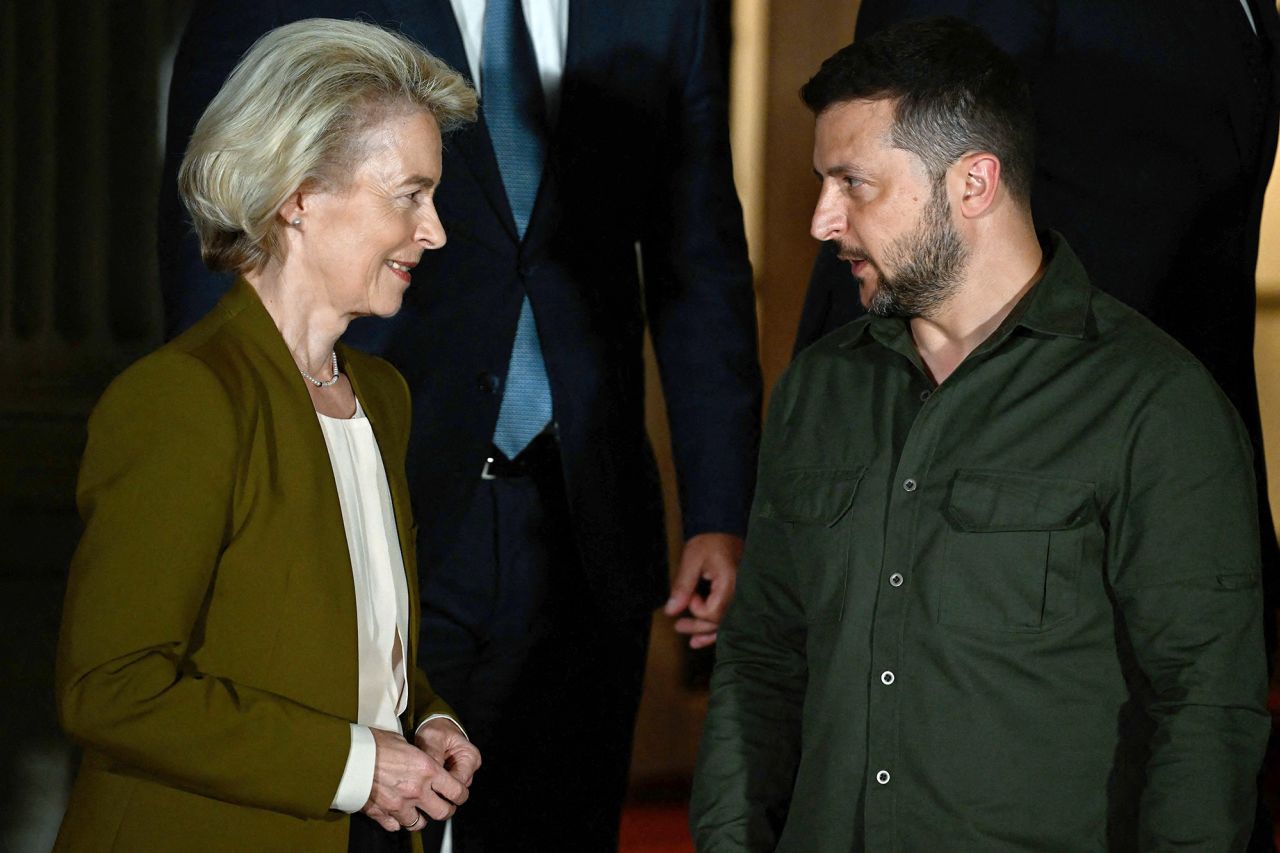 President of the European Commission Ursula von der Leyen, left, speaks with the Ukrainian President Volodymyr Zelensky at the Greek Prime Minister's office in Athens, Greece, on August 21.