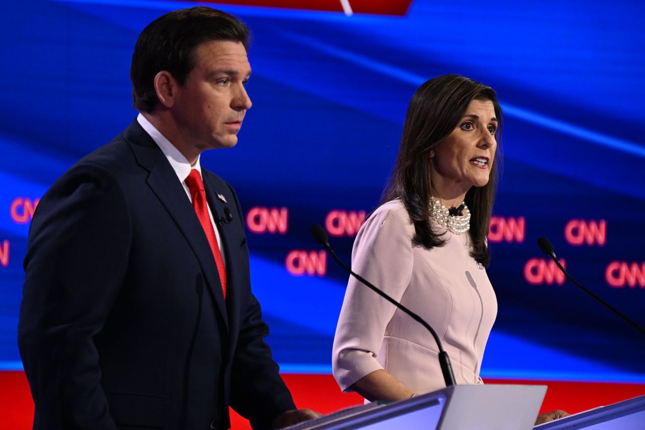 Former South Carolina Gov. Nikki Haley and Florida Gov. Ron DeSantis participate in a CNN Republican Presidential Debate at Drake University in Des Moines, Iowa, on January 10.