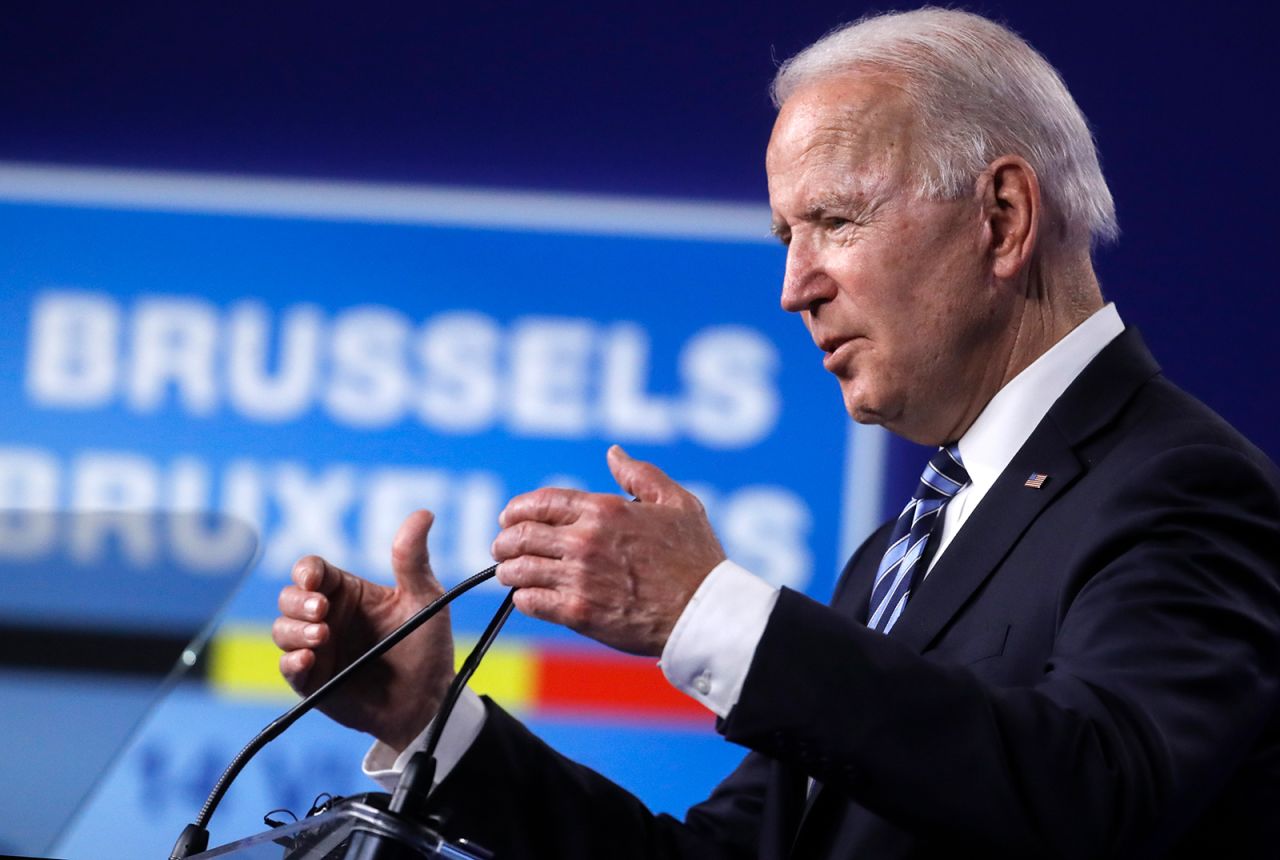 President Joe Biden speaks during a media conference at a NATO summit in Brussels, Monday, June 14.