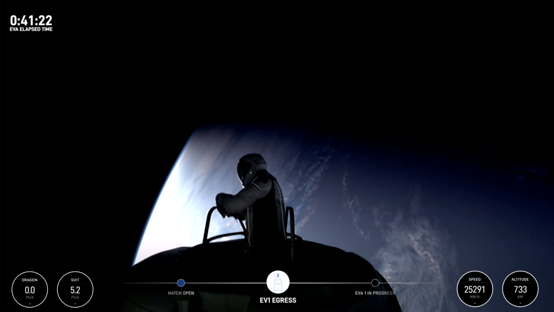 Jared Isaacman is seen outside the SpaceX Crew Dragon capsule.