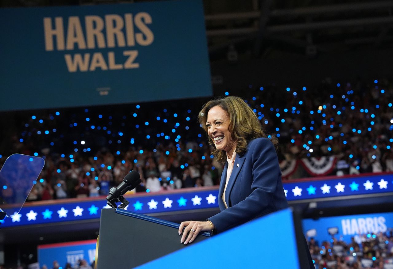 Vice President Kamala Harris, Democratic presidential candidate, speaks during a campaign rally in Philadelphia on Tuesday, August 6.