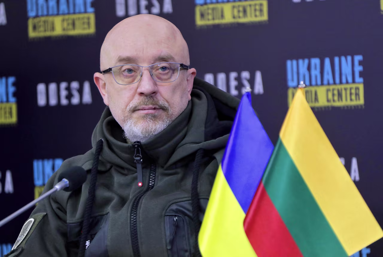Ukrainian Defense Minister Oleksii Reznikov is pictured during a briefing in Odesa, Ukraine, on February 9. 