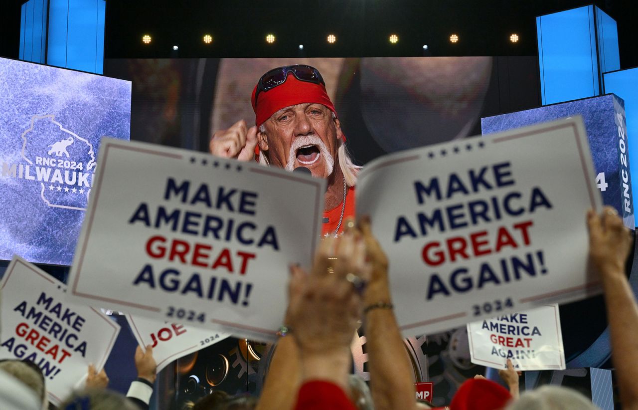 WWE Hall of Famer Hulk Hogan addresses the crowd Thursday. “When I came here tonight there was so much energy in this room. I thought maybe I was in Madison Square Garden getting ready to win another world title,” the retired pro wrestler said. 