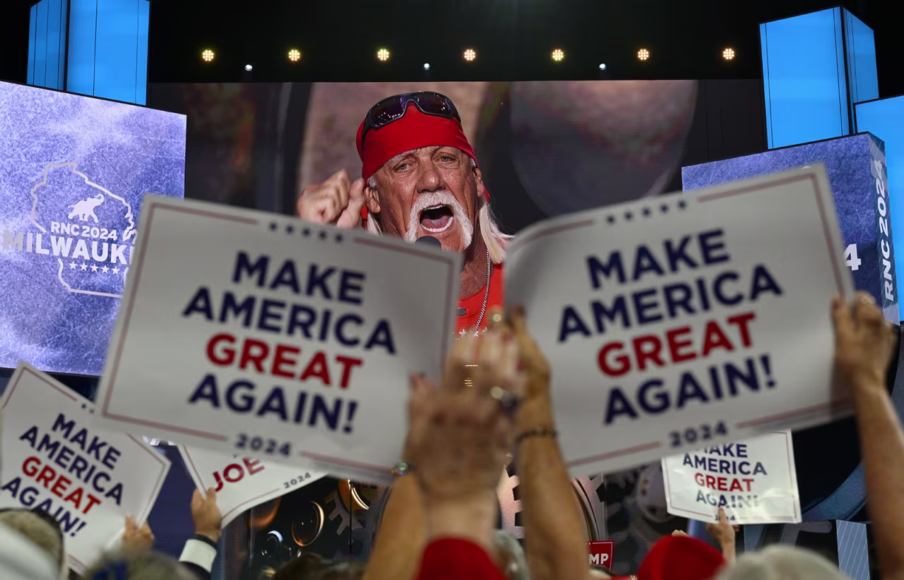 WWE Hall of Famer Hulk Hogan addresses the crowd Thursday. “When I came here tonight there was so much energy in this room. I thought maybe I was in Madison Square Garden getting ready to win another world title,” the retired pro wrestler said. 