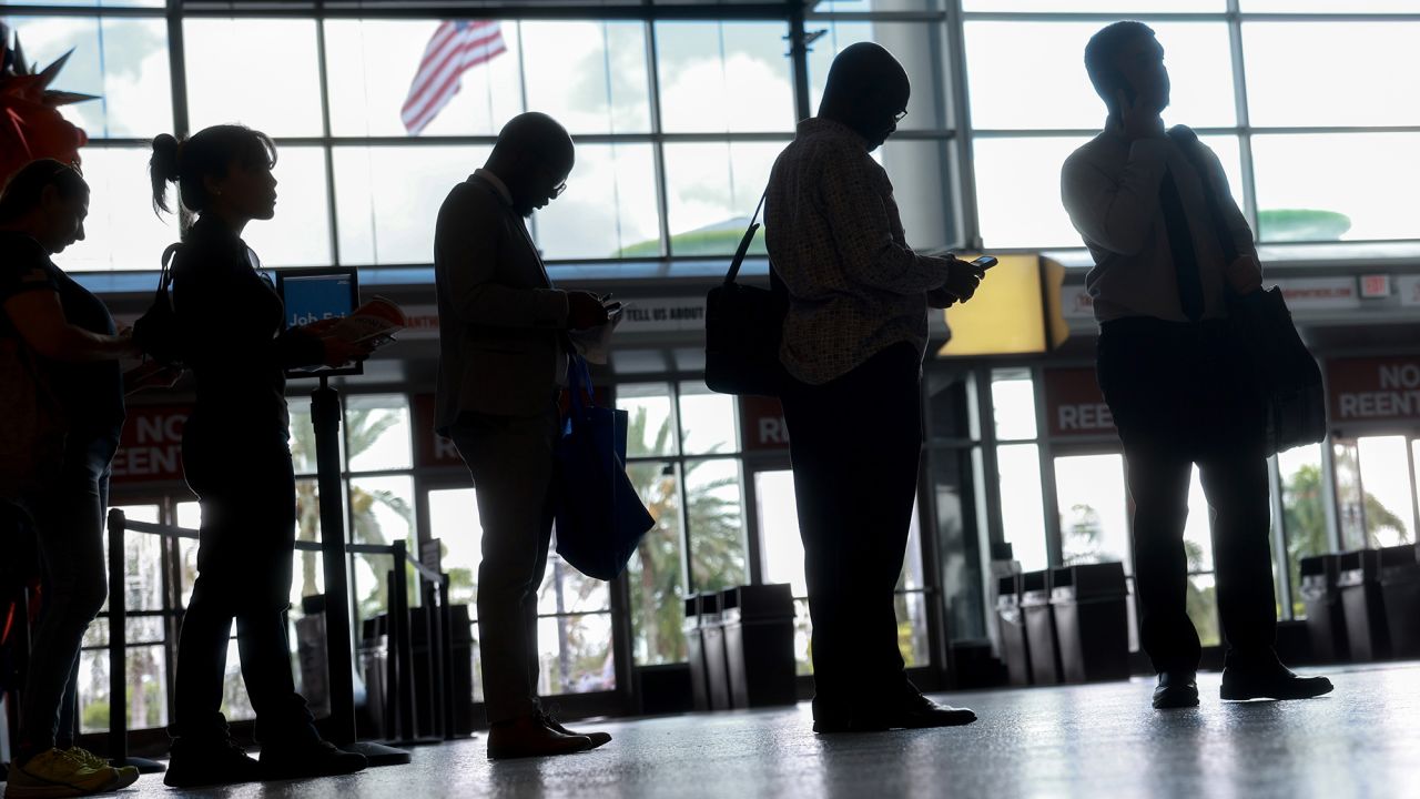 Job seekers attends the JobNewsUSA.com South Florida Job Fair held at the Amerant Bank Arena on June 26 in Sunrise, Florida.?