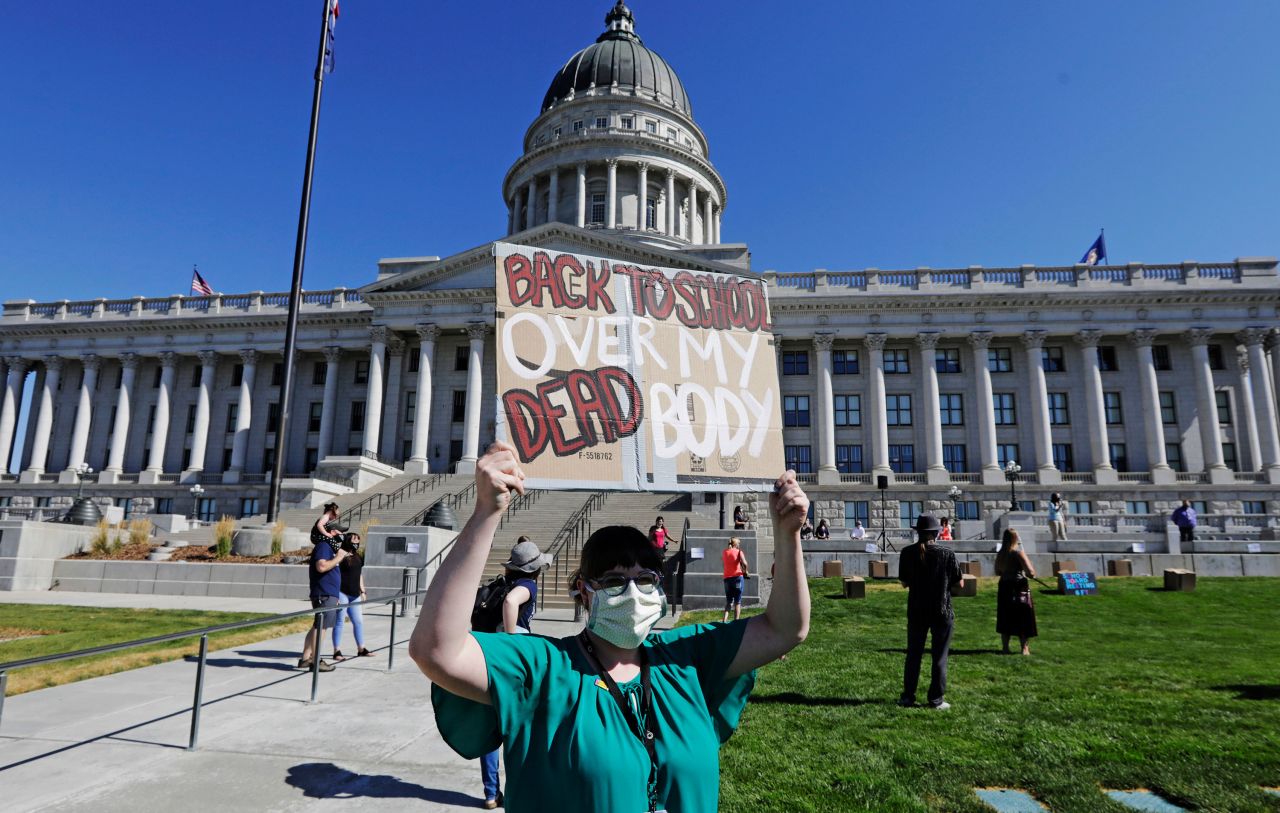 Junior high teacher Angela Andrus attends a Safe Schools Mask-In at the Utah Capitol on Thursday, July 23 in Salt Lake City. 