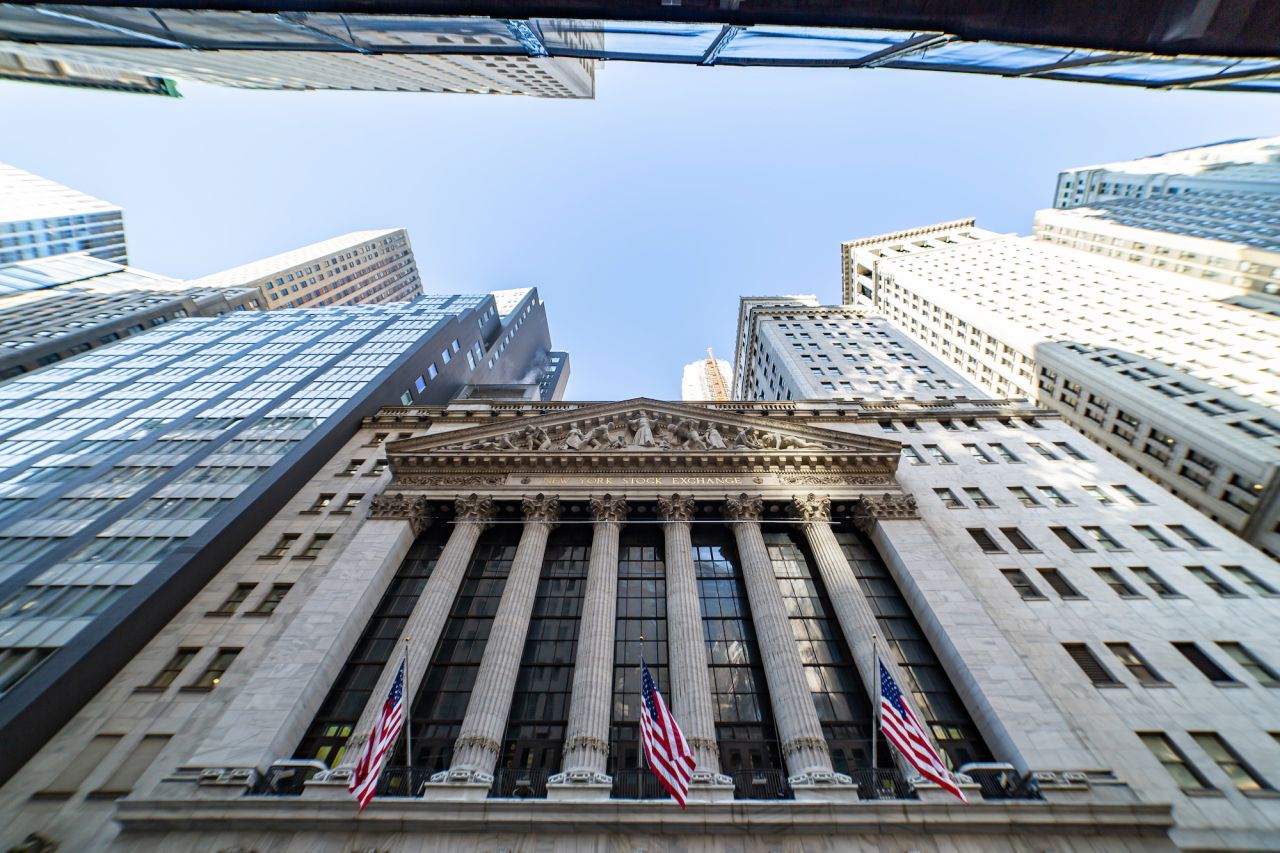 The facade of the New York Stock Exchange Building is seen on February 13, 2020.