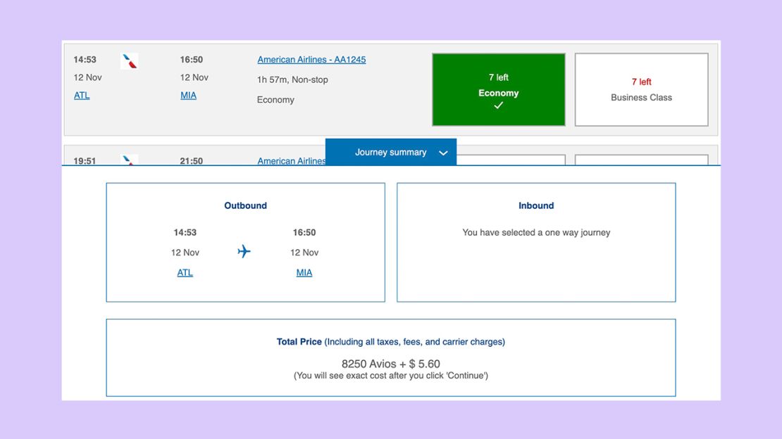 A screenshot of a British Airways award itinerary from Atlanta to Miami operated by American Airlines