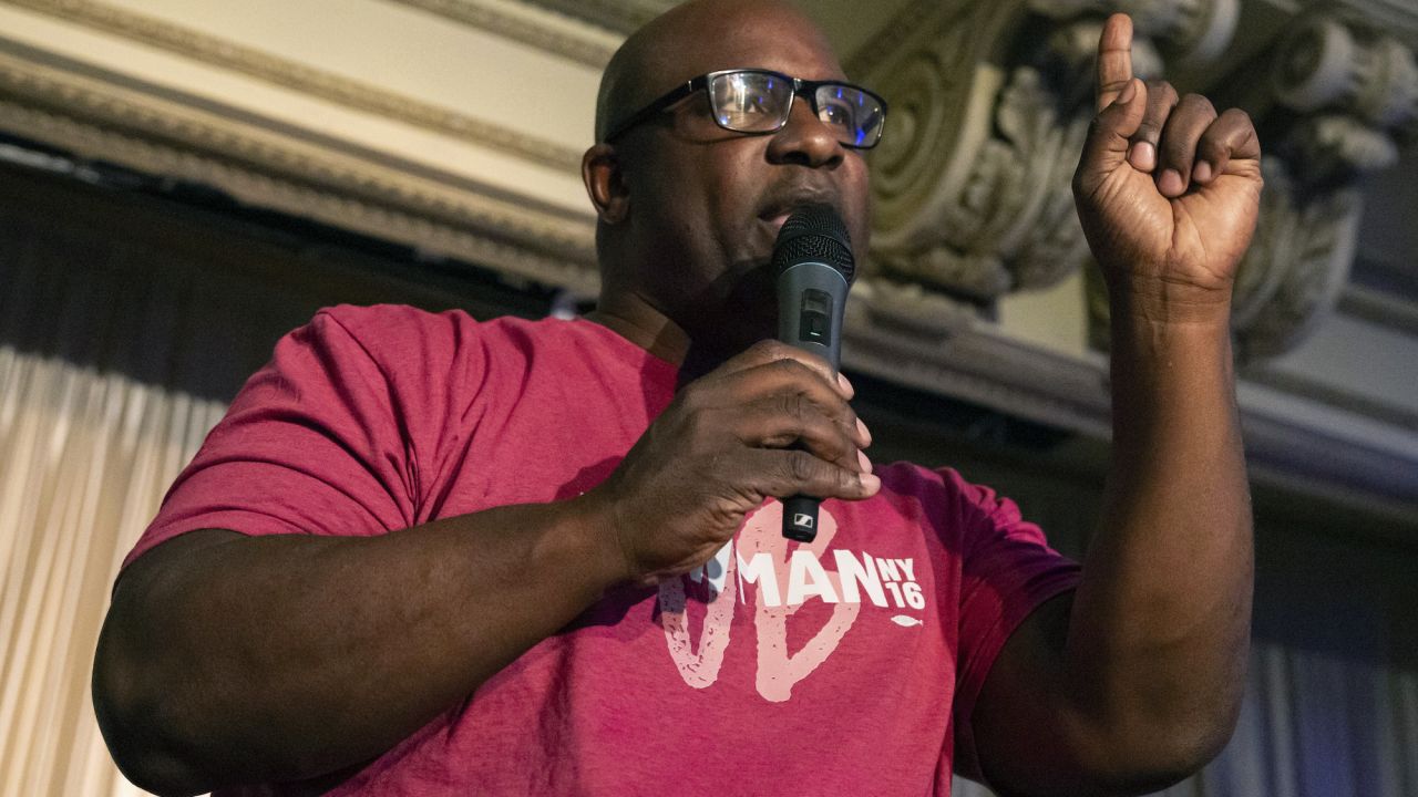 Jamaal Bowman speaks during a primary election night watch party on Tuesday.