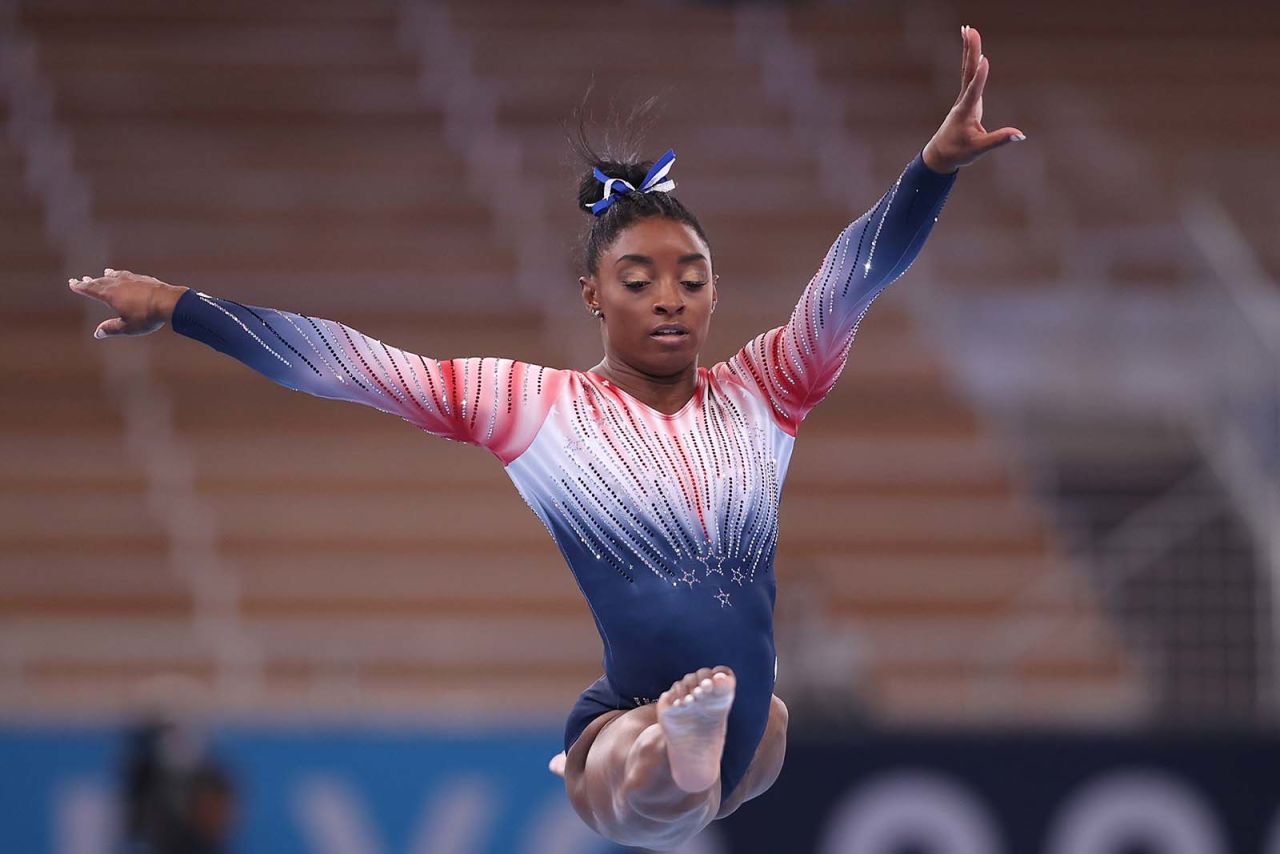 Simone Biles competes in the women's balance beam final on August 3. 