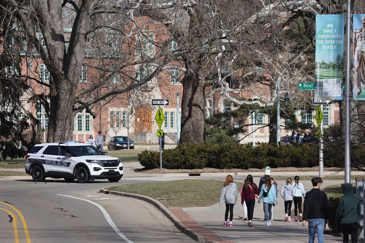 A police car blocks off a street on the campus Michigan State University onTuesday, February 14.