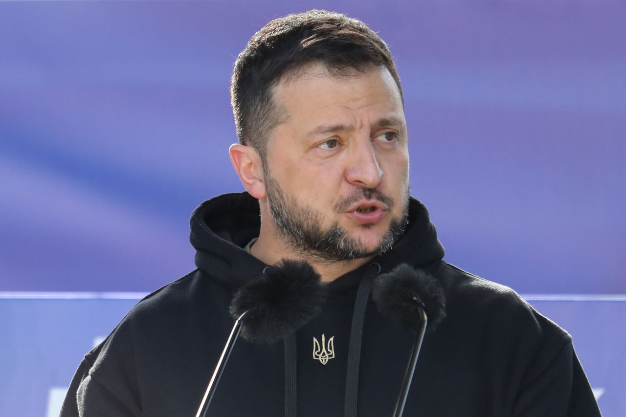 President Volodymyr Zelensky addresses the crowd at Lukiskiu Square in Vilnius on July 11.