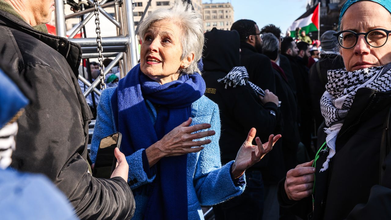 Jill Stein, 2024 Green Party presidential candidate, center, speaks with demonstrators during the March on Washington for Gaza rally in Washington, DC, US, on Saturday, January 13, 2024.