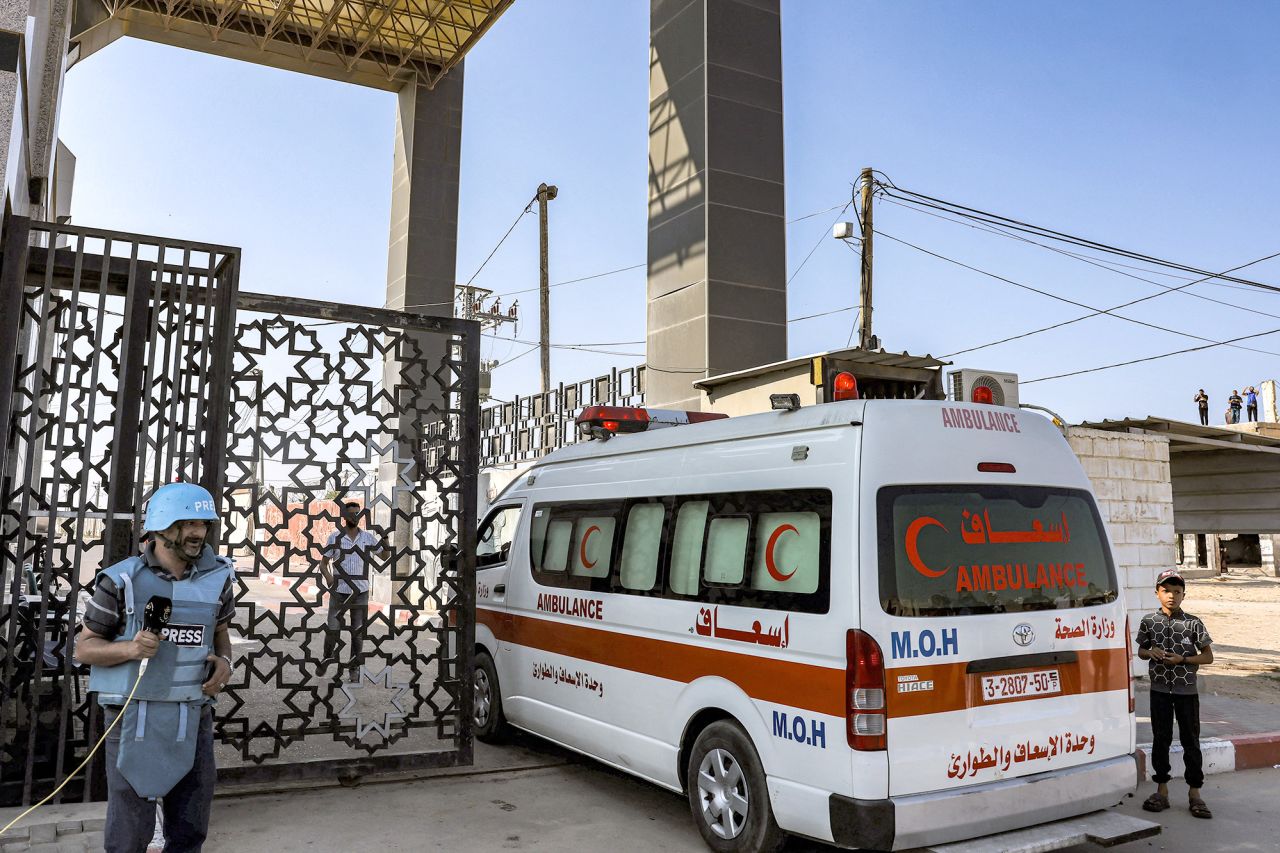 A Palestinian health ministry ambulance at the gate for the Rafah border crossing in Gaza on November 1.