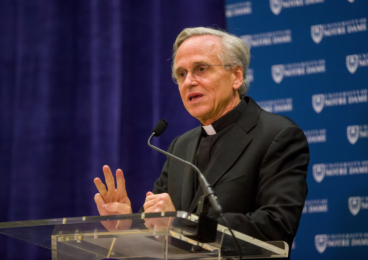 University of Notre Dame President Rev. John I. Jenkins speaks during a press conference on October 11, 2019, inside the Morris Inn at the Notre Dame in South Bend, Indiana.