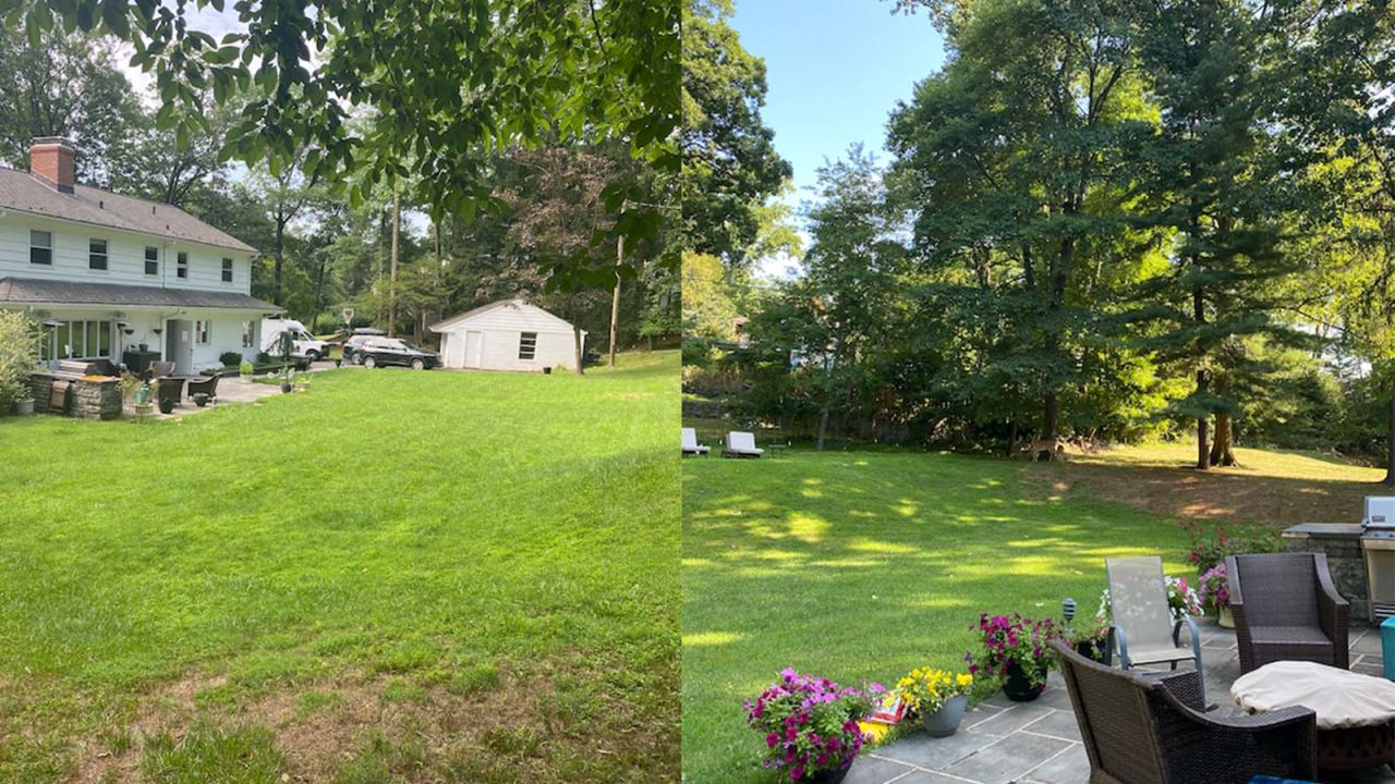Two images of a suburban backyard space, ready for consultation by a landscape design firm