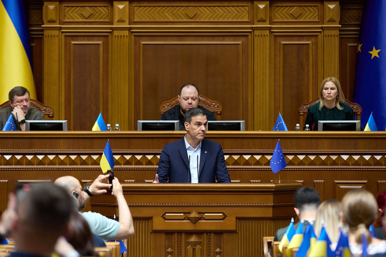 Spanish Prime Minister Pedro Sanchez delivers a speech at Ukrainian Parliament in Kyiv, on July 1. 