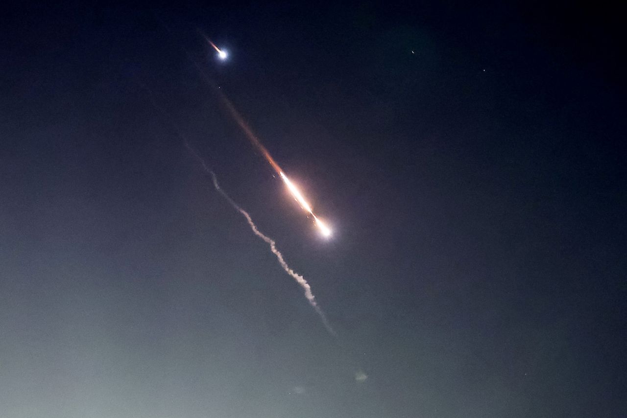 Objects are seen in the sky above Jerusalem after?Iran?launched drones and?missiles towards Israel on April 14.