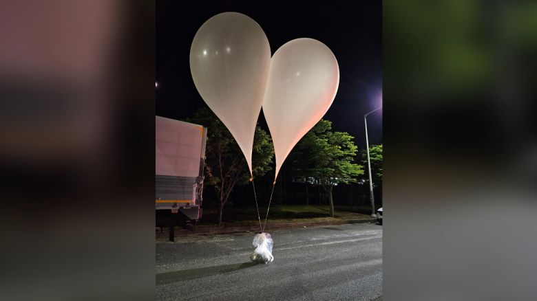 Balloons full of trash and filth are seen in the South Chungcheong province, South Korea. South Korean military has detected over 150 balloons presumed to be sent from North Korea across border containing trash and filth.