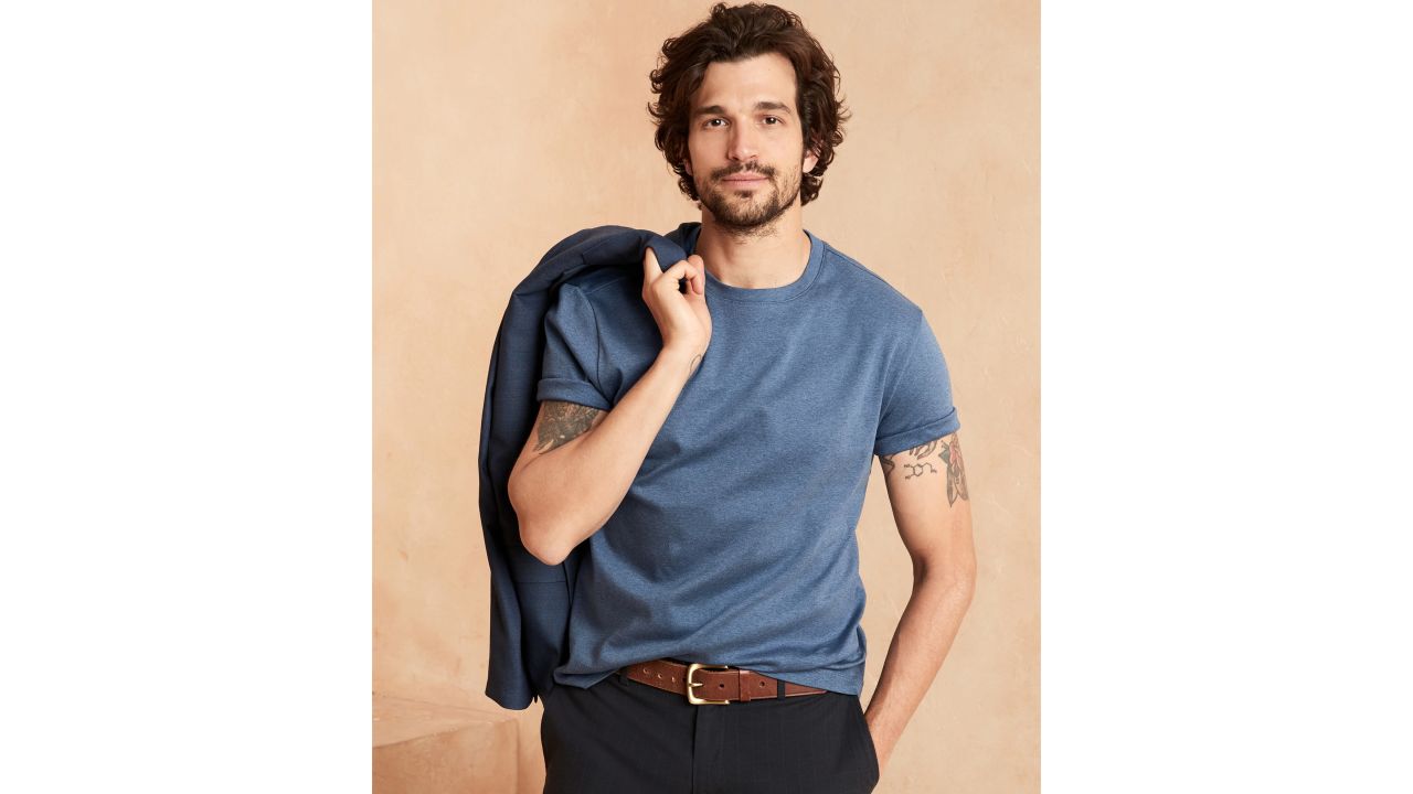 Man wearing blue banana republic Luxury Touch Performance T-Shirt