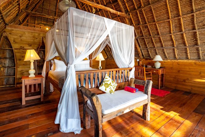 One of the chalet bedrooms. Thanda Island has five en-suite bedrooms in the villa, plus four en-suite bedrooms between the two bandas. The island’s general manager says that guests typically stay five to eight nights and comprise multigenerational families or groups of friends.