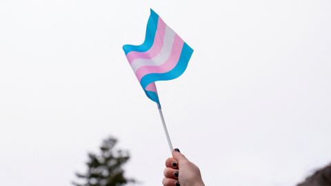 Un manifestante sostiene una bandera trans durante una concentración en apoyo a los jóvenes trans en Seattle, Washington, EE.UU. 8 de febrero de 2025.