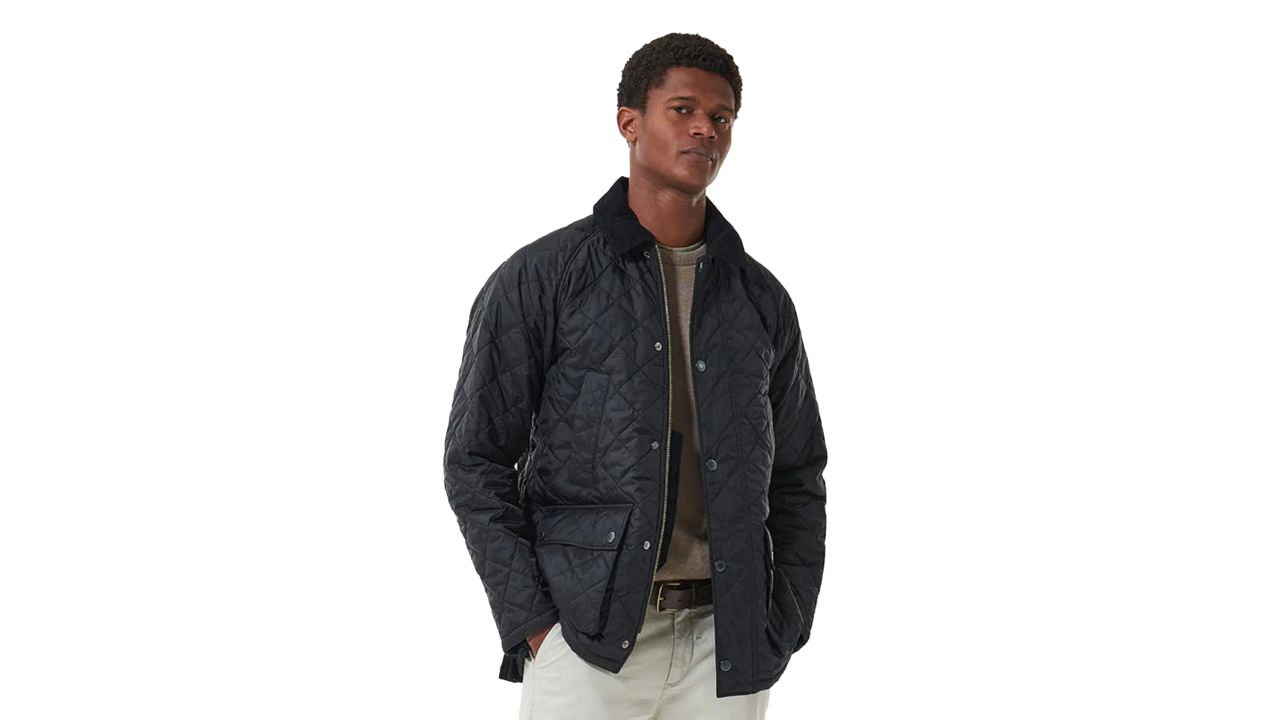 man wearing black barbour ashby quilted jacket