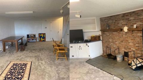 Two images of a basement ready for renovation