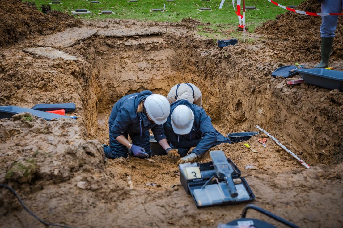 Exhumation of the mass grave in the German Military cemetery at Normandy where Nathan Baskind has been buried for 80 years.