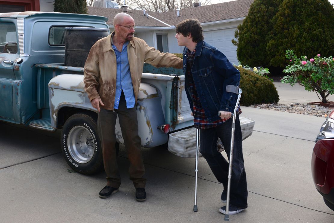 Walter White (left, portrayed by Bryan Cranston) talks with his son, Walter White Jr. (RJ Mitte), in the television drama “Breaking Bad.”