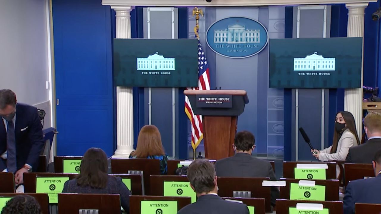 Reporters wait for White House press secretary Jen Psaki to hold the Biden administration's first press briefing in Washington on Wednesday.